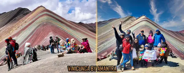 Montaña de Colores Vinicuna despejada y montaña de colores Vinicunca cubierta la mitad por nieve